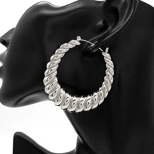 Silver Metal 2.2" Round Croissant Twisted Hoop Earrings Casual Everyday Jewelry